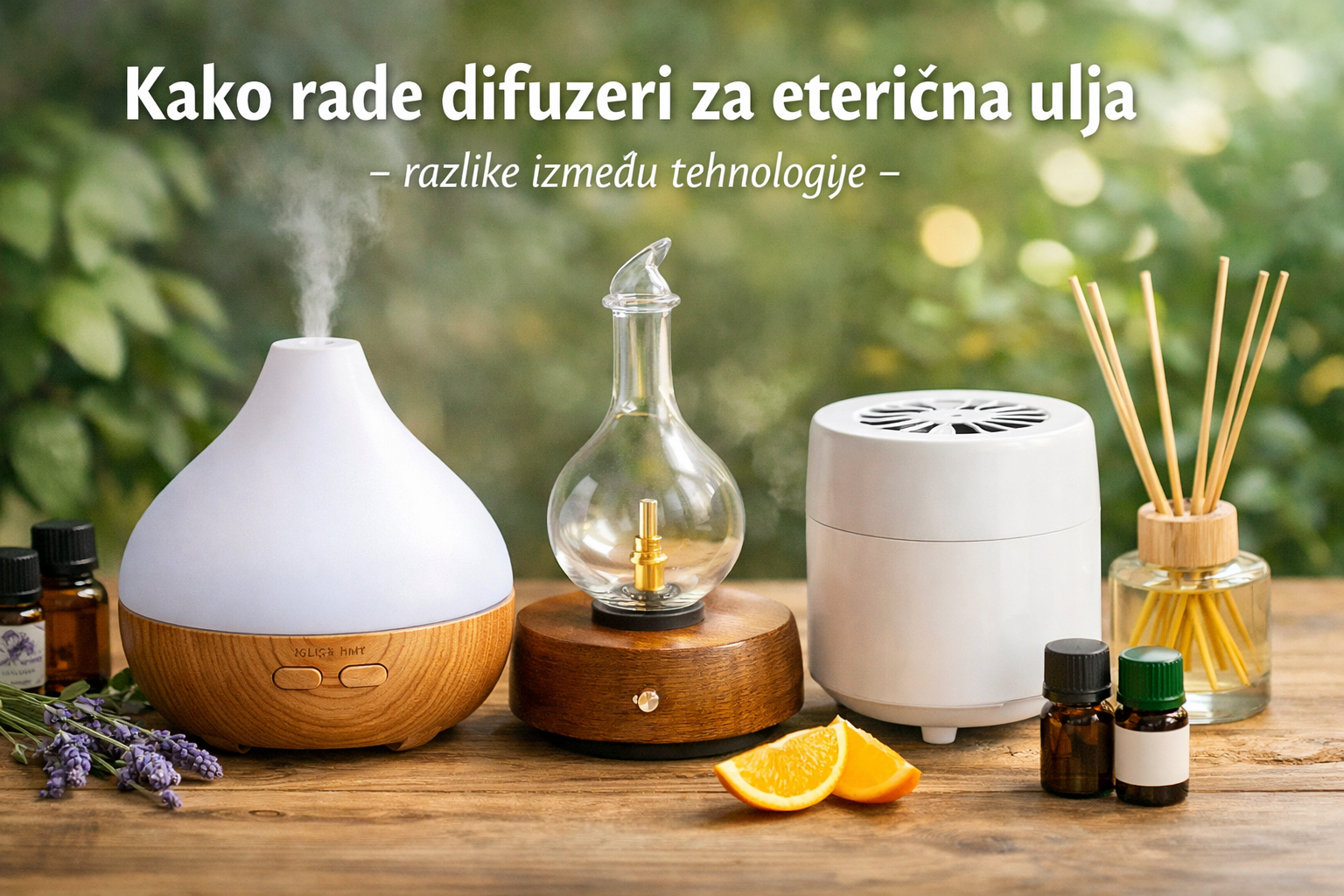 Difuzeri za eterična ulja različitih tehnologija (ultrazvučni, nebulizator i reed difuzer) na drvenoj površini